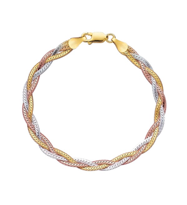 JewelStop Silver Rose Rhodium Yellow Shiny Diamond-Cut Tri-Color Fancy Weave Anklet Bracelet - 10" - CQ11NBL03LX