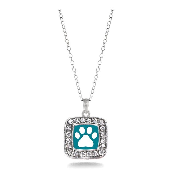 Pretty Paw Cat or Dog Print Charm Classic Silver Plated Square Crystal Necklace - C311MCHW0XL