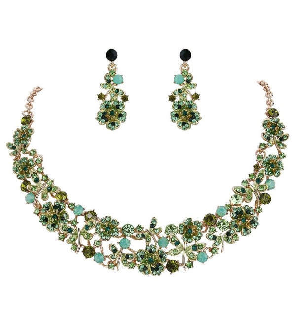 EVER FAITH Austrian Crystal Enamel Butterfly Hibiscus Floral Vine Necklace Earrings Set - Green Gold-Tone - CP186ZQ64KR