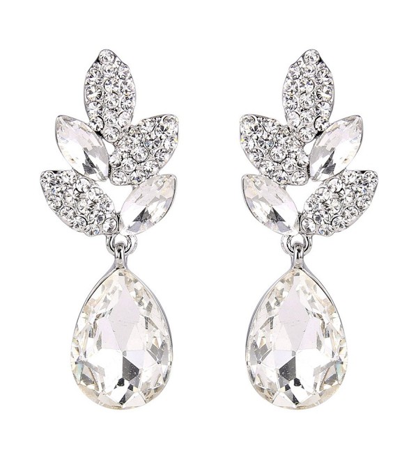 EVER FAITH Rhinestone Crystal Wedding Leaf Teardrop Pierced Dangle Earrings Silver-Tone - Clear - CD11KKCI9M1
