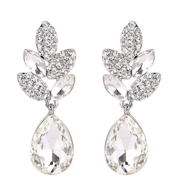 EVER FAITH Rhinestone Crystal Wedding Leaf Teardrop Pierced Dangle Earrings Silver-Tone - Clear - CD11KKCI9M1