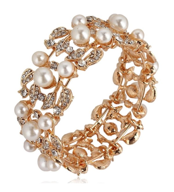 EVER FAITH Flower Ivory Color Cream Simulated Pearl Bracelet Clear Austrian Crystal Gold-Tone - CB11BGDLVB9