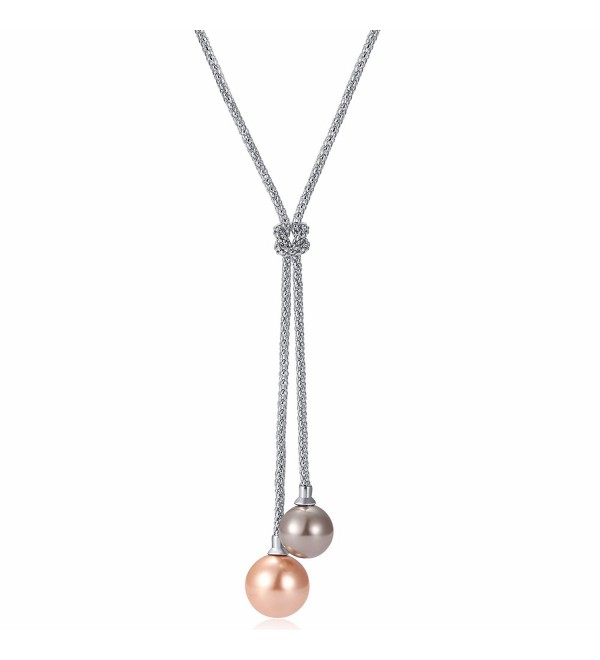 Caperci Double Dangling Pearl Y Shape Pendant Necklace for Women- 24'' - C612ERDZLHJ