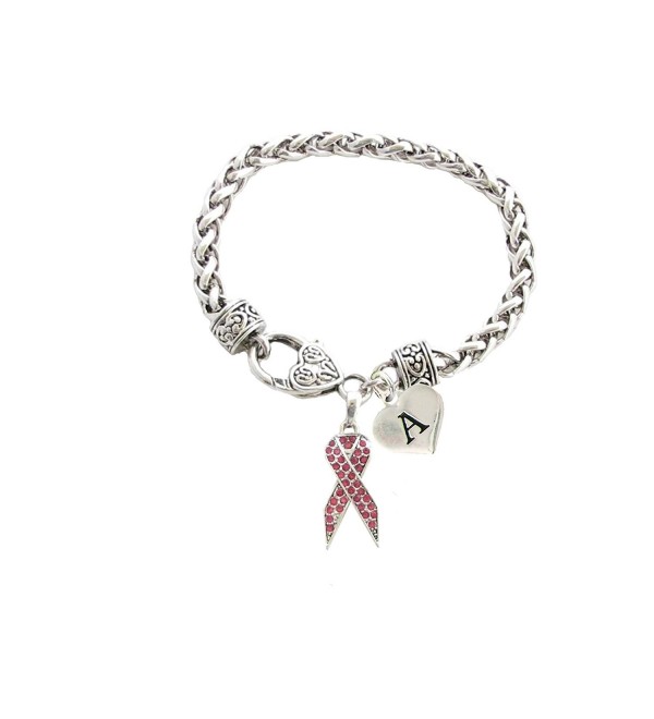 Custom Breast Cancer Awareness Bracelet Pink Ribbon Choose Initial Heart Charm - C912MY1CNHT