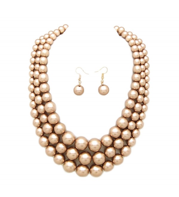 Women's Simulated Faux Three Multi-Strand Pearl Statement Necklace and Earrings Set - Champagne Gold - CK18C7GDD92