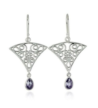 Triangular Dangle Earrings with Intricate Floral Design and Teardrop Purple Cz in 925 Sterling Silver - CA129QESSO7