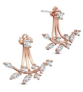 SHEGRACE 18K Gold Plated Leaf Earring Studs CZ Ear Jackets Rose Gold Front and Back Earrings - CD185K7X26T