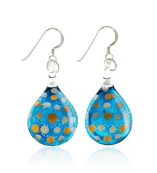 Sterling Silver Hand Blown Venetian Murano Glass Glitter Polka Dots Teardrop Dangle Earrings 1.7" - Blue - CR11WRCZKID