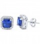 Halo Stud Post Wedding Earrings Princess Cut Square Simulated Blue Sapphire Round CZ 925 Sterling Silver - C612MYMZ96M