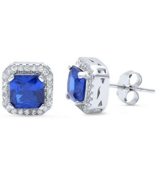 Halo Stud Post Wedding Earrings Princess Cut Square Simulated Blue Sapphire Round CZ 925 Sterling Silver - C612MYMZ96M