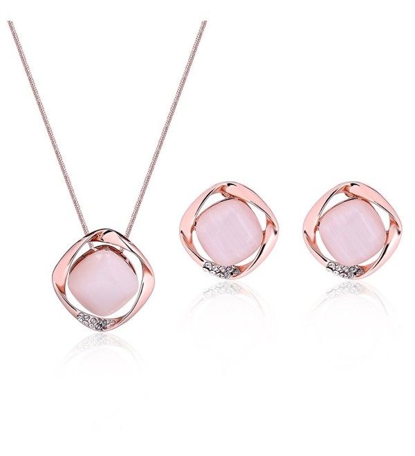 Pokich Pendant Necklace Earring Fashion - Pink Square Rose Gold-Tone - CG17YINILHY