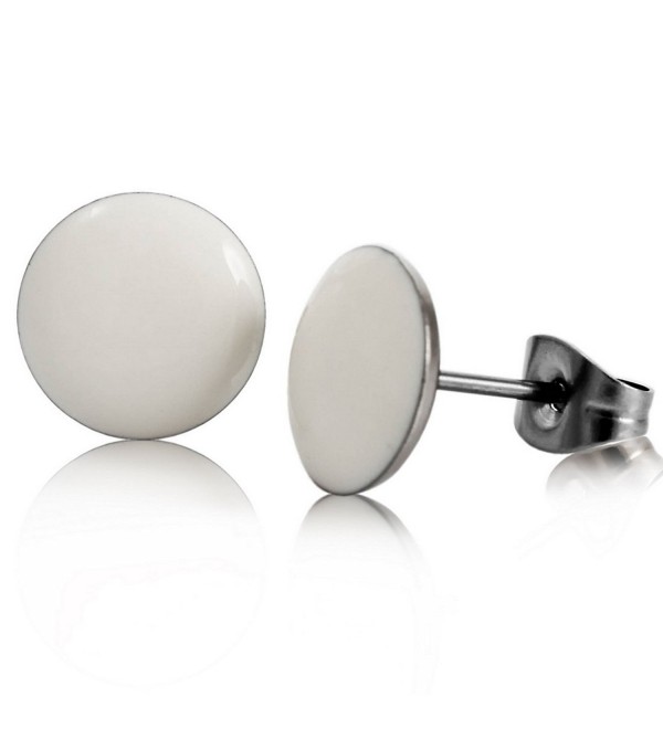 INBLUE Women's 10mm Stainless Steel Enamel Stud Earrings Silver Tone White Black Green Round - white - CU11DSEJQ7Z