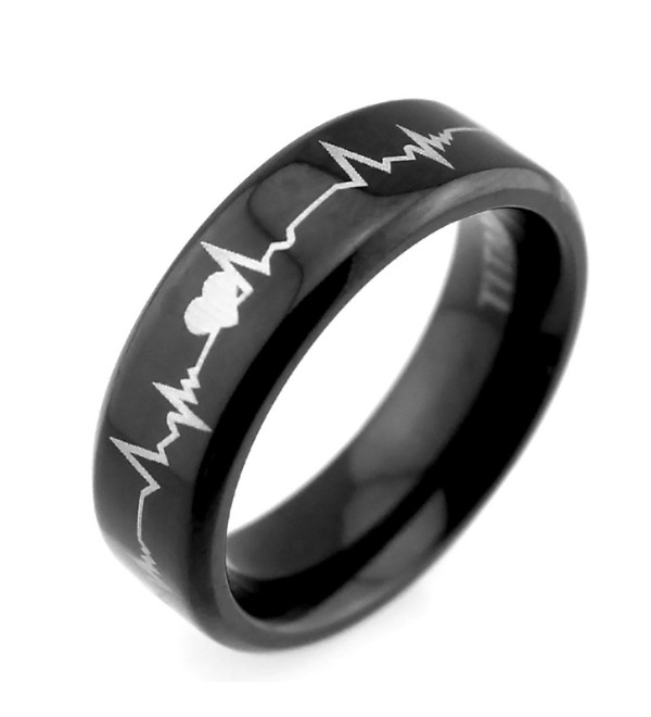 Lifetime Love 6mm Black Titanium Rings Cardiogram Heartbeat Laser Pattern Unique Wedding Rings - CP127RDH9XZ