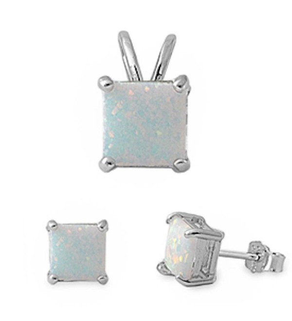 Princess Cut Simulated Gemstone Pendant & Earring .925 Sterling Silver Solitaire Set - Lab Created White Opal - C711UFGNB93