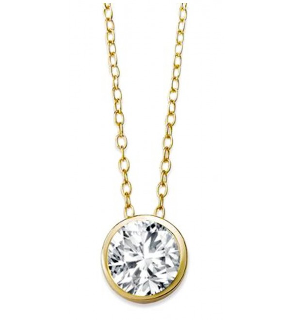 Solitaire CZ Pendant Necklace .925 Sterling Silver Round 8mm Gold Tone Finish 16" - 18" FREE GIFT Box - CA11Q9F42EH