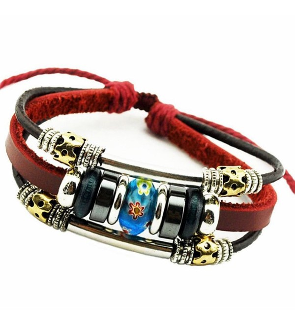 PopJ Charm Murano Glass Flower Bead Hand-knitted Leather Bracelet Adjustable - Murano Bead Bracelet - CB12ODKPJ2Q