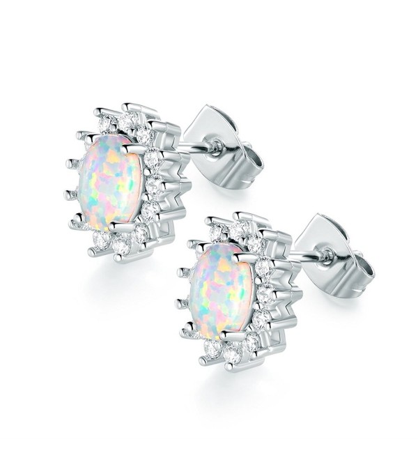 VOLUKA 18K White Gold Plated 5 x 7mm Oval Shape Opal Stud Earrings with Cubic Zirconia Halo for Women - CX18953MICR