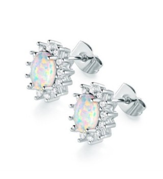 VOLUKA 18K White Gold Plated 5 x 7mm Oval Shape Opal Stud Earrings with Cubic Zirconia Halo for Women - CX18953MICR