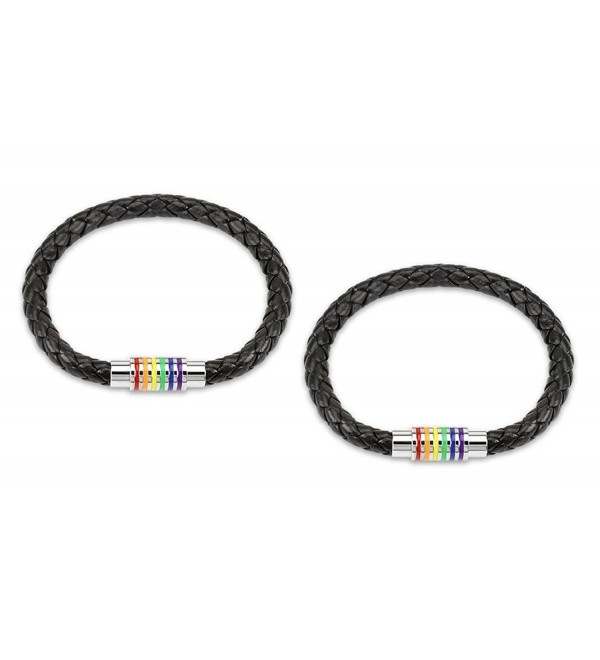 (2pcs) Black Braided Leather Bracelet with "Gay Pride" Magnetic Rainbow Striped Closure 8" inches - CI127HMGZK9