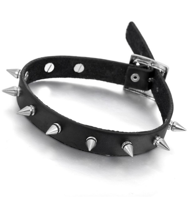 INBLUE Women-Men's Alloy Genuine Leather Necklace Choker Collar Black Silver Tone Awl Taper Rivets Adjustable - CG12871ZL1X