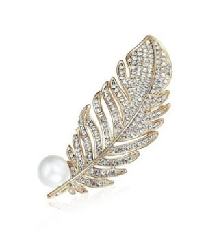 Womens Gold Plated Vintage Gorgeous Peacock Feather Rhinestone Crystal Faux Pearl Bead Brooch Pin - CX187L0RIY6