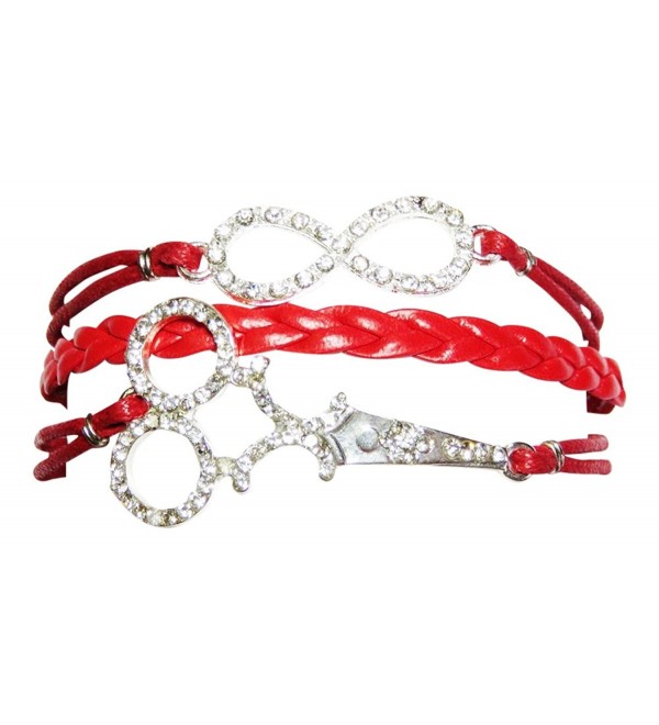 Leather Like Multi Strand Bracelet with Bling Scissor/Infinity Symbol Charms Hair Stylist Beautician - Red - CO11PLZDC6P