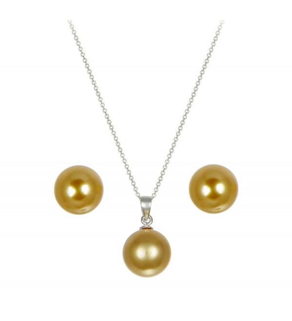 10mm Champagne Simulated Pearl Round Ball Sterling Silver Pendant & Earring 18in Chain - CM110M82VBN