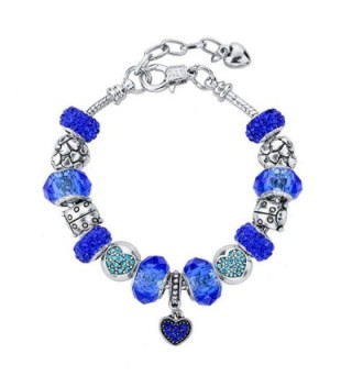 Long Way Silver Plated Snake Chain Blue Glass Bead Heart Charm Bracelet - White - CN11WW4ZTCN
