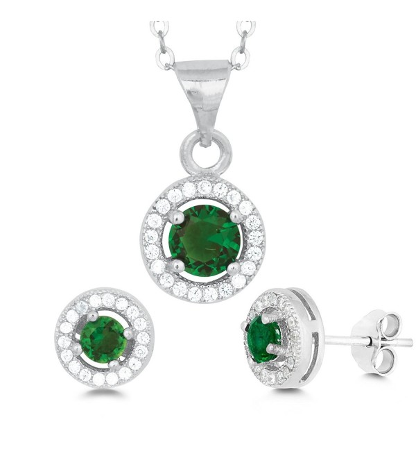 Sterling Silver Micro Pave CZ Halo Stud Earrings and Pendant Set with 18" Chain - Emerald - C211NW2LUZT