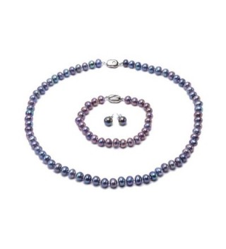 JYX Near-round 7-8mm Blue Freshwater Cultured Pearl Necklace Bracelet and Earrings Jewelry Set - C412N78VT8L