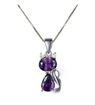 DreamsEden 18'' Silver Box Chain Women's Amethyst Cat Pendant Necklace- Purple (Gift Box & Greeting Card) - C311XFTSKGB