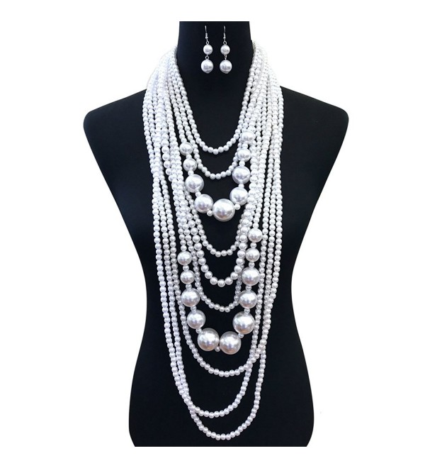 Women's Chunky Multi-Strand Simulated Pearl Statement Necklace and Earrings Set in Cream Color - CG18093U0QY
