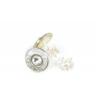 Classy- Dainty Winchester .243 NICKEL Plated Brass Bullet Head Stud Earrings with Swarovski Crystals - CG11BWBLTIZ