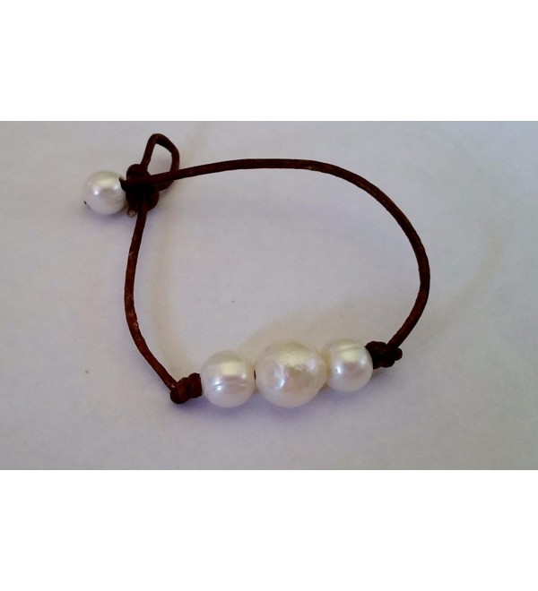High Quality Organic Pearl and Leather Handcrafted Bracelet 3 pearls - C211ZRCUSWN