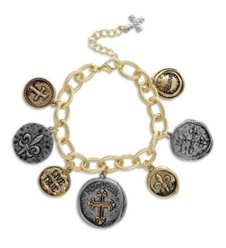Textured Link Charm Bracelet with Two Tone Coins Faith- Cross- Fleur de Lis - CB11MV1B7CD