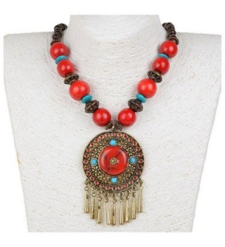 Coogain Statement Necklace Pendant Hollowed Bib Collar Charms Fringe Wood Beads Necklaces Colorful - Red - C017Z7D297K