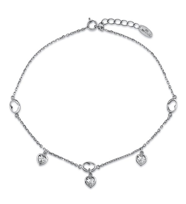 BERRICLE Rhodium Plated Sterling Silver Cubic Zirconia CZ Open Heart Charm Anklet 9"+1" Extender - CT11SEHNM5D