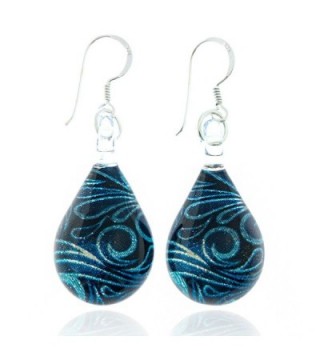 925 Sterling Silver Hand Blown Murano Glass Abstract Wave Blue Glitter Dangle Earrings - CB11TGX213N