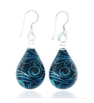 925 Sterling Silver Hand Blown Murano Glass Abstract Wave Blue Glitter Dangle Earrings - CB11TGX213N