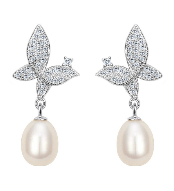 EleQueen 925 Sterling Silver CZ Cream Freshwater Cultured Pearl Teardrop Butterfly Bridal Drop Earrings - CM17YANIE2T