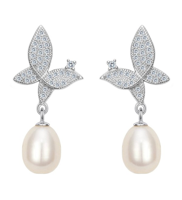 EleQueen 925 Sterling Silver CZ Cream Freshwater Cultured Pearl Teardrop Butterfly Bridal Drop Earrings - CM17YANIE2T