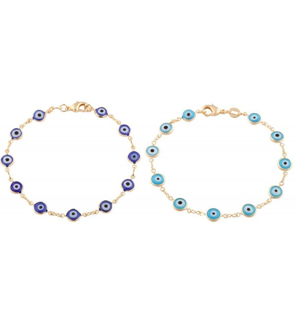 Gold Overlay with Navy Blue and Light Blue Mini Evil Eye Style 7.5 Inch Clasp Bracelet Set (T-326 + T-328) - C311JXWN6ZJ