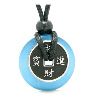 Amulet Lucky Coin Charm Donut Sky Blue Simulated Cats Eye Magic Spiritual Powers Adjustable Necklace - CY12FRTBKYP