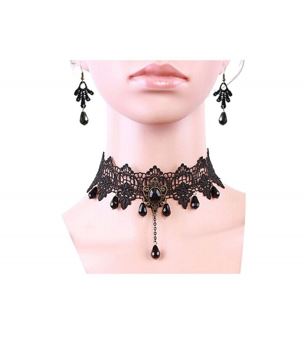 Charm.L Grace Black Lace Gothic Lolita Pendant Choker Necklace Earrings Set - CK11LUBLNL5