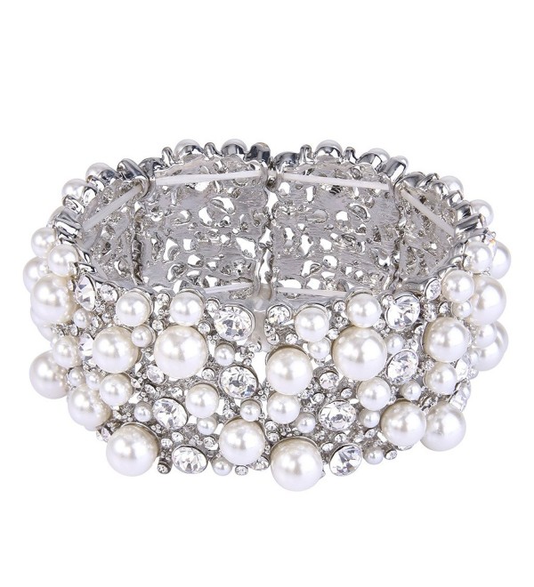 EVER FAITH Women's Austrian Crystal Cream Simulated Pearl Bridal Stretch Bracelet Clear Silver-Tone - CS12O013714