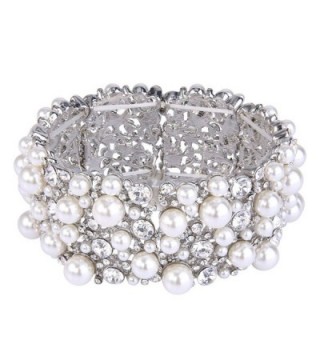 EVER FAITH Women's Austrian Crystal Cream Simulated Pearl Bridal Stretch Bracelet Clear Silver-Tone - CS12O013714