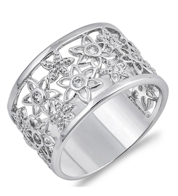 White CZ Filigree Flower Wide Sun Ring New .925 Sterling Silver Band Sizes 6-10 - CU187Z67RNL