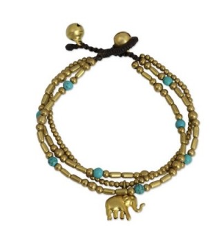 NOVICA Blue Calcite Brass Beaded Bracelet- 7" 'Thai Elephant Charm' - CO12E4PIID9