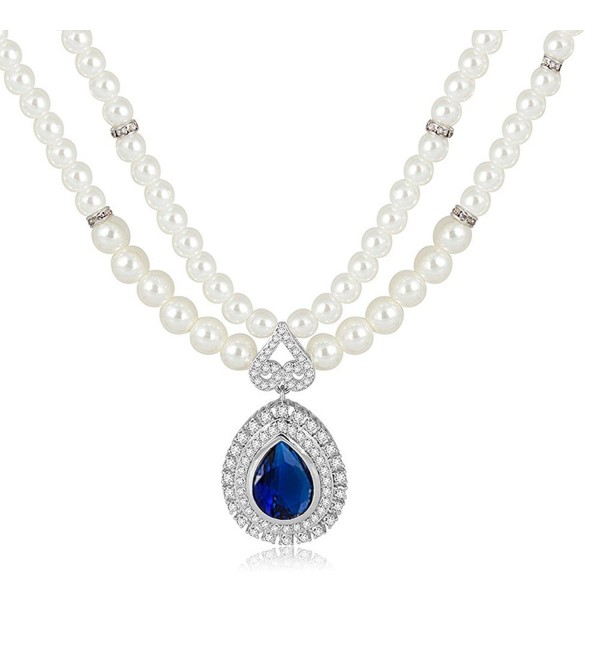 Statement Pearl Chain with Waterdrop CZ Pendant Necklaces Personalized Gifts - Blue - C312G9FCOIR