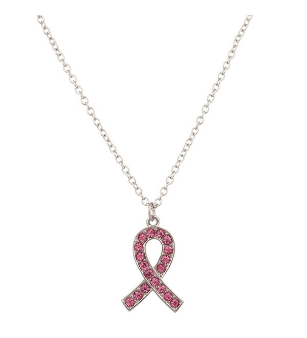 Lux Breast Cancer Awareness Never Give Up Pave Crystal Bow Pendant Pink Necklace - CH11VUAOBX7